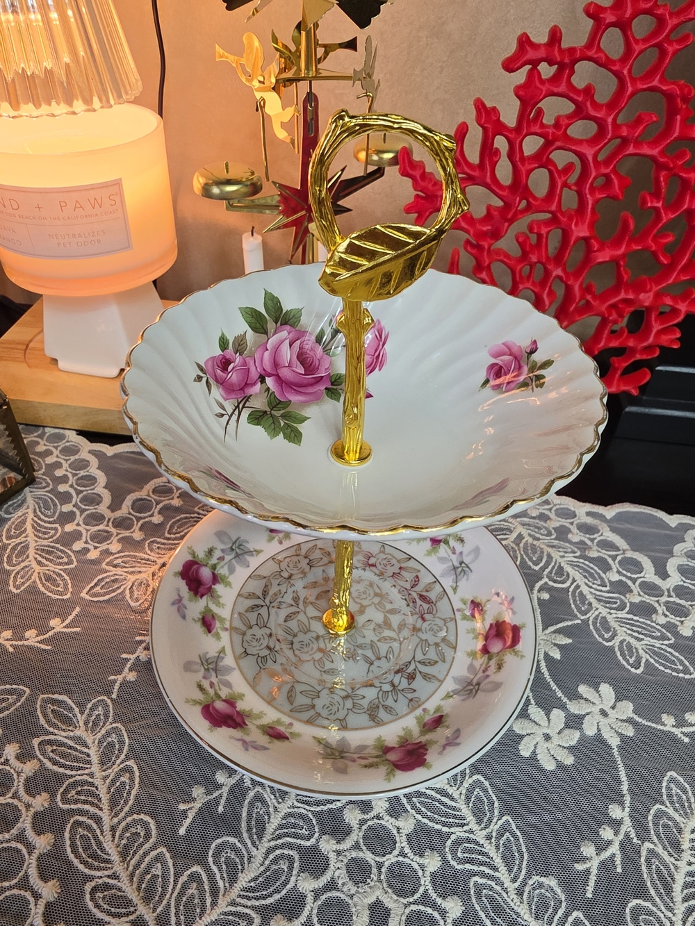 Gold-Handle Two-Tier Floral Porcelain Serving Stand - White with Pink Roses